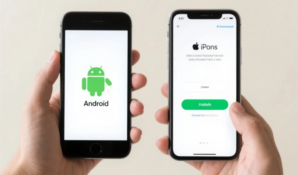 用户在Android和iOS设备上并排操作，显示APP下载与安装过程，界面简洁清晰